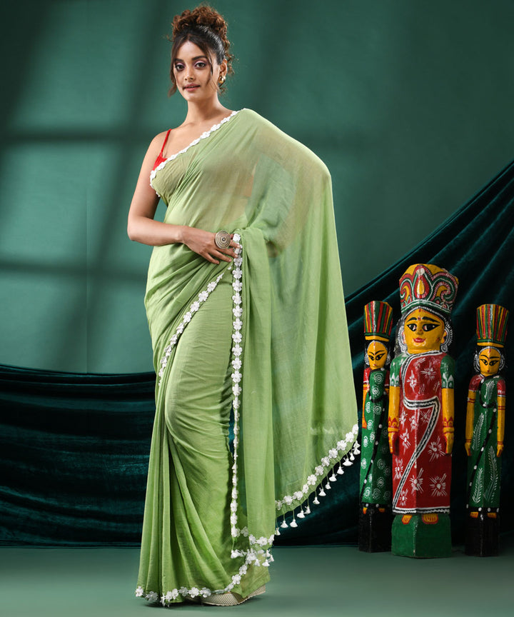 Light green white handloom cotton bengal saree