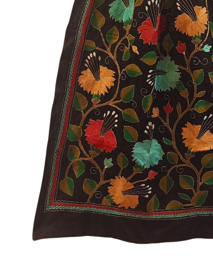 Black multicolor thread kantha stitch silk handwoven stole