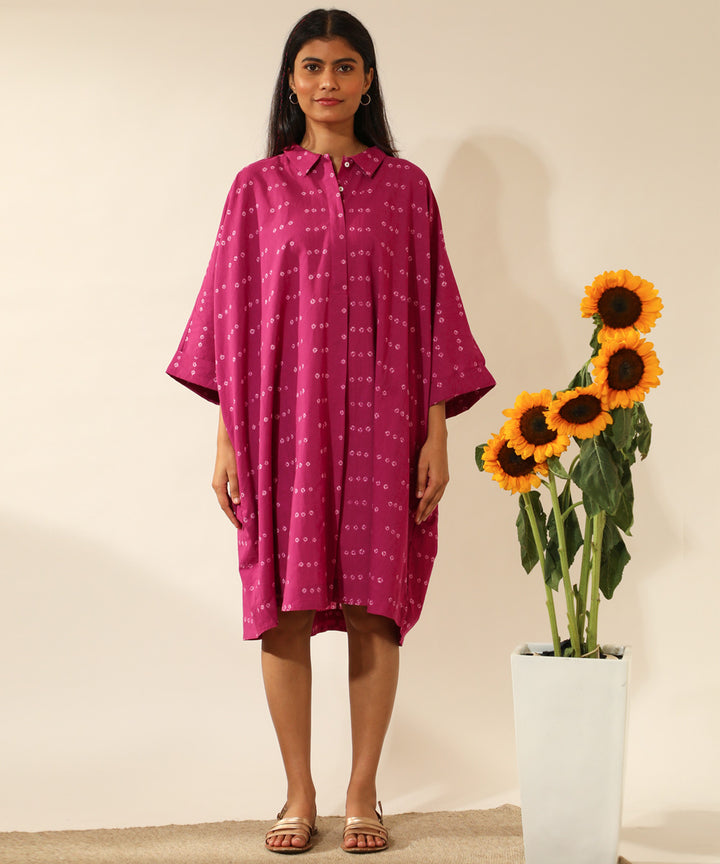 Pink handcrafted bandhani  cotton midi shirt dress