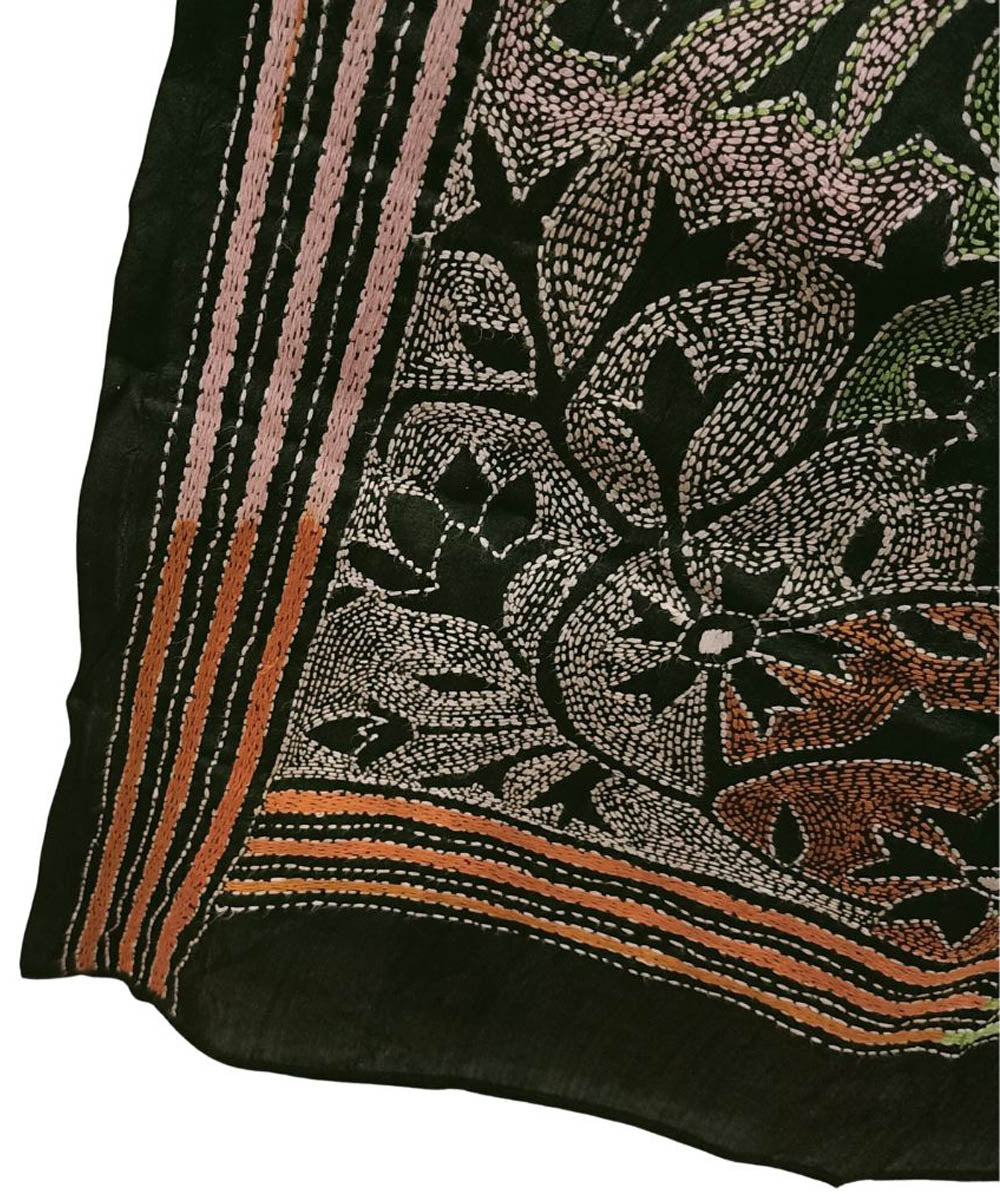 Black hand embroidered silk kantha stitch stole