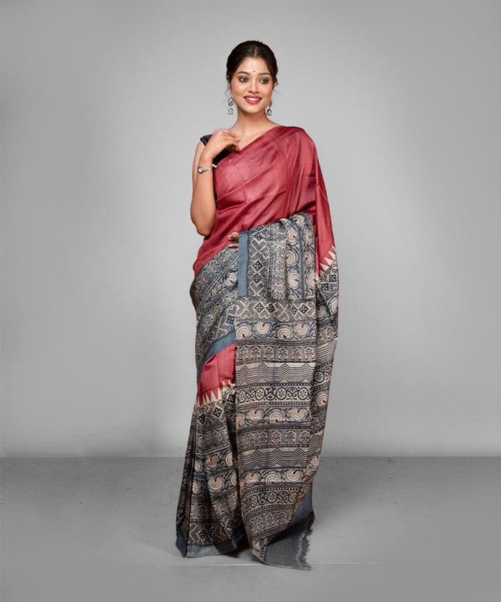 Maroon grey tussar silk hand block printed saree