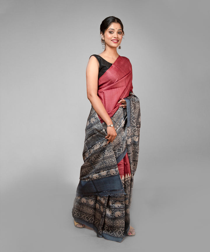 Maroon grey tussar silk hand block printed saree