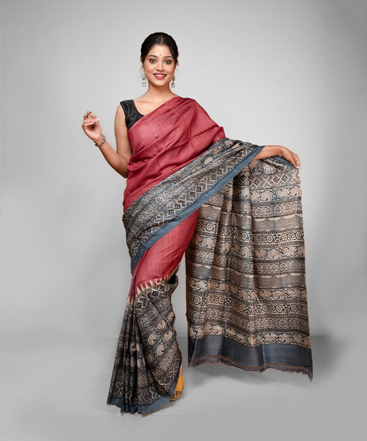 Maroon grey tussar silk hand block printed saree