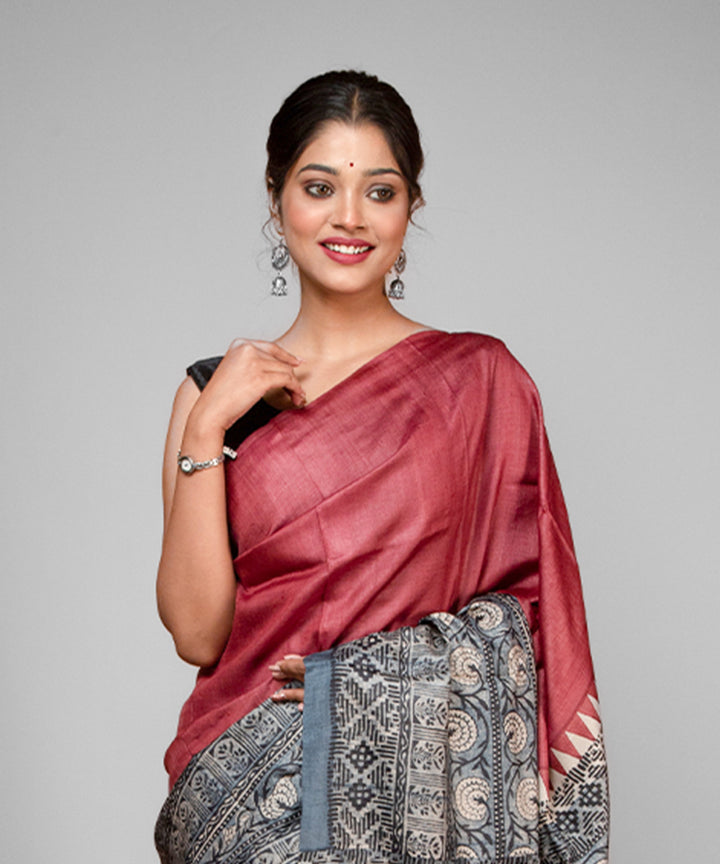 Maroon grey tussar silk hand block printed saree