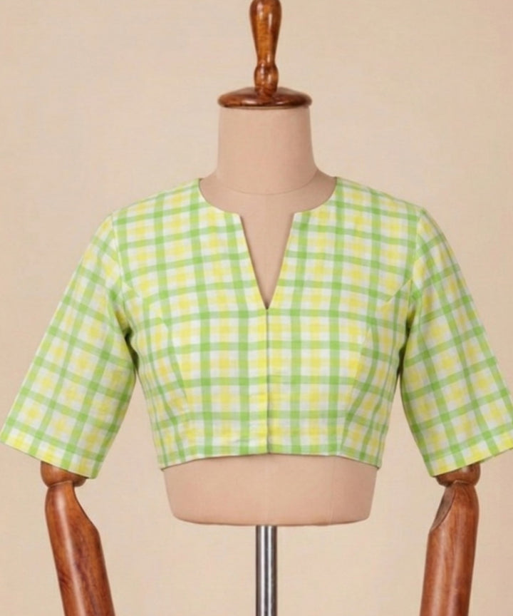 Green yellow cotton princess cut blouse front opening blouse