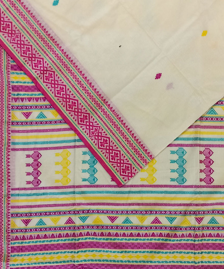 Cream pink cotton handloom bengal saree