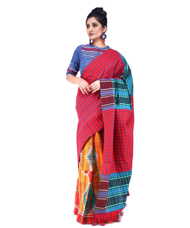 Multicolor red cyan blue cotton handloom gamcha saree