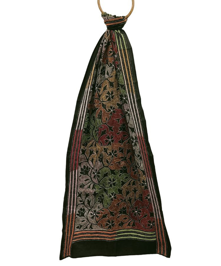 Black hand embroidered silk kantha stitch stole