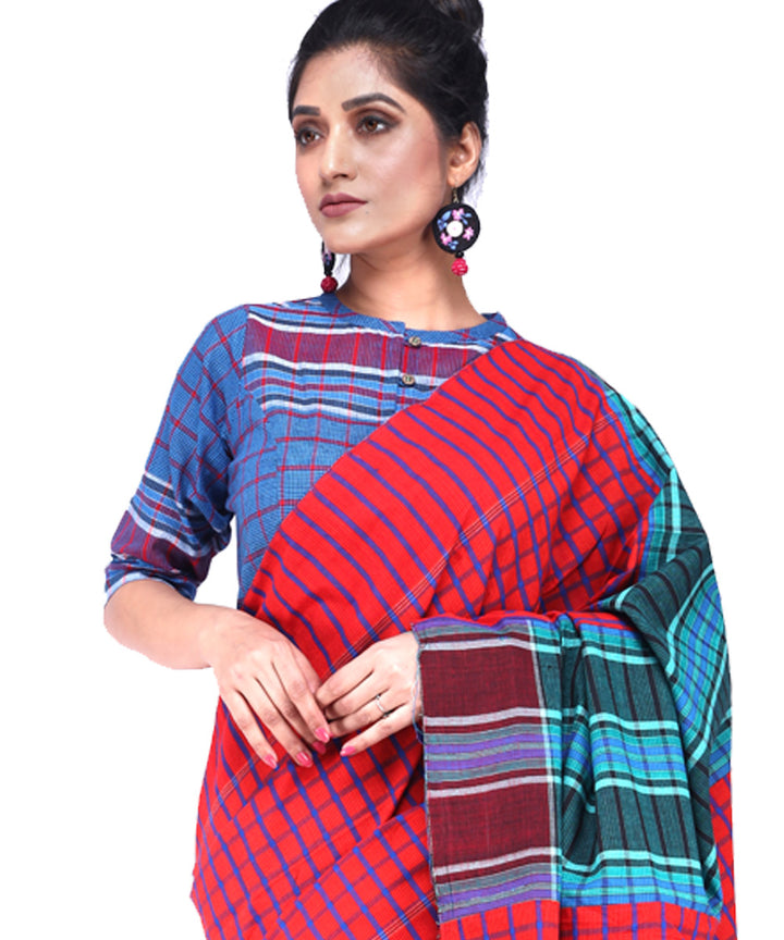 Multicolor red cyan blue cotton handloom gamcha saree