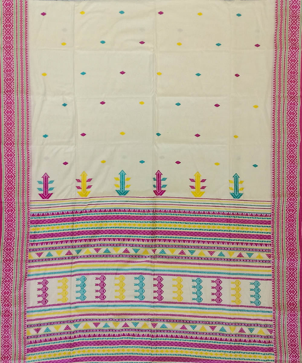 Cream pink cotton handloom bengal saree