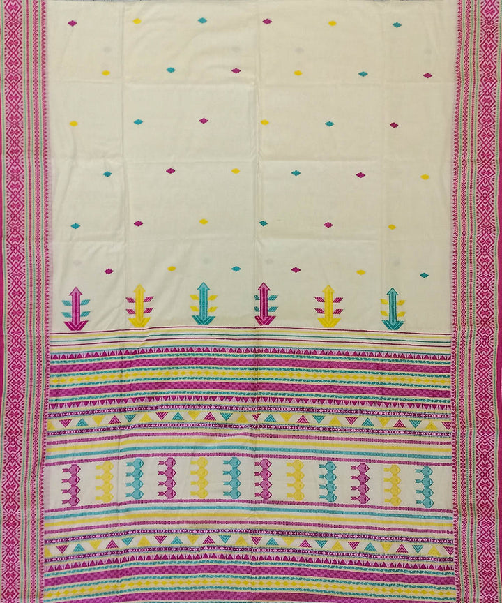 Cream pink cotton handloom bengal saree