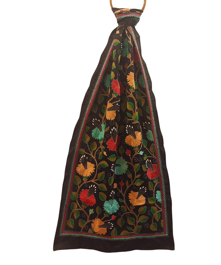 Black multicolor thread kantha stitch silk handwoven stole