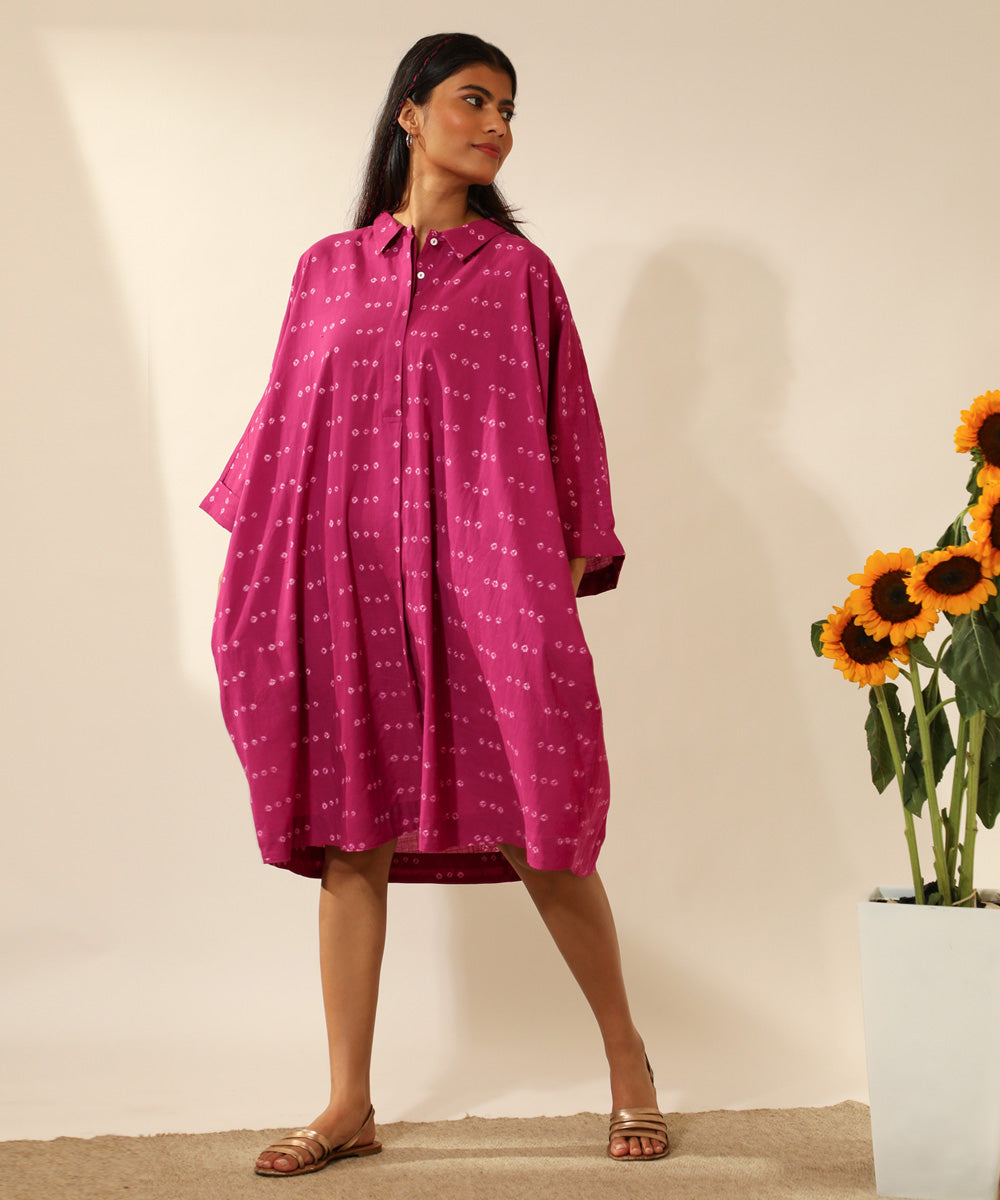 Pink handcrafted bandhani  cotton midi shirt dress