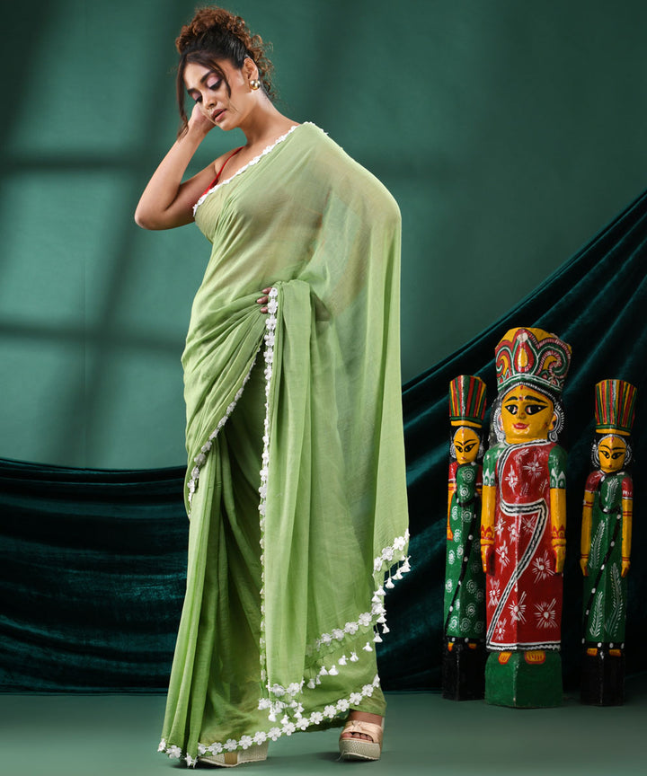 Light green white handloom cotton bengal saree