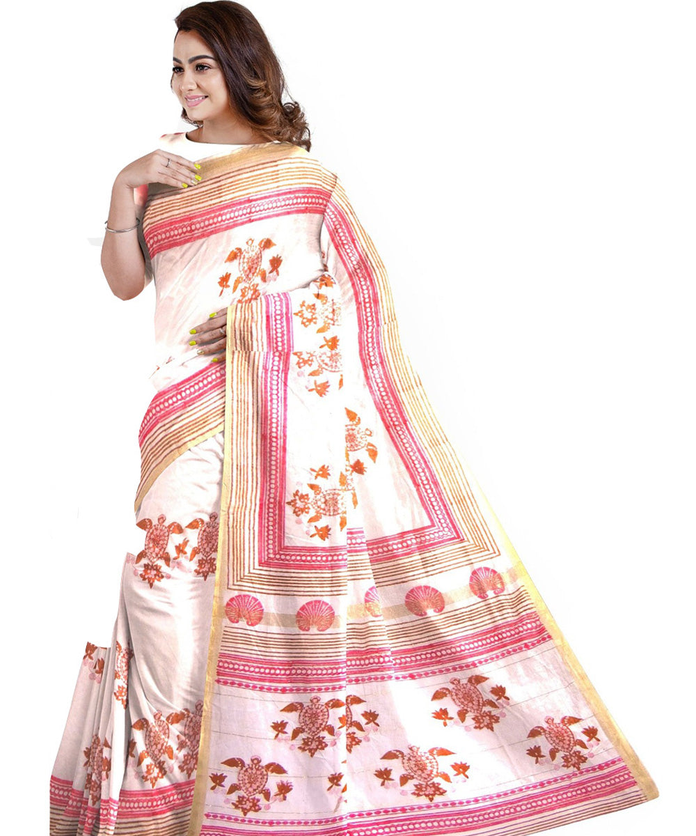 White pink cotton silk hand printed maheshwari saree