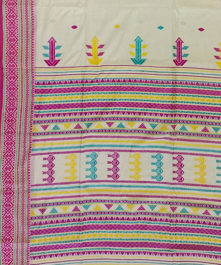 Cream pink cotton handloom bengal saree