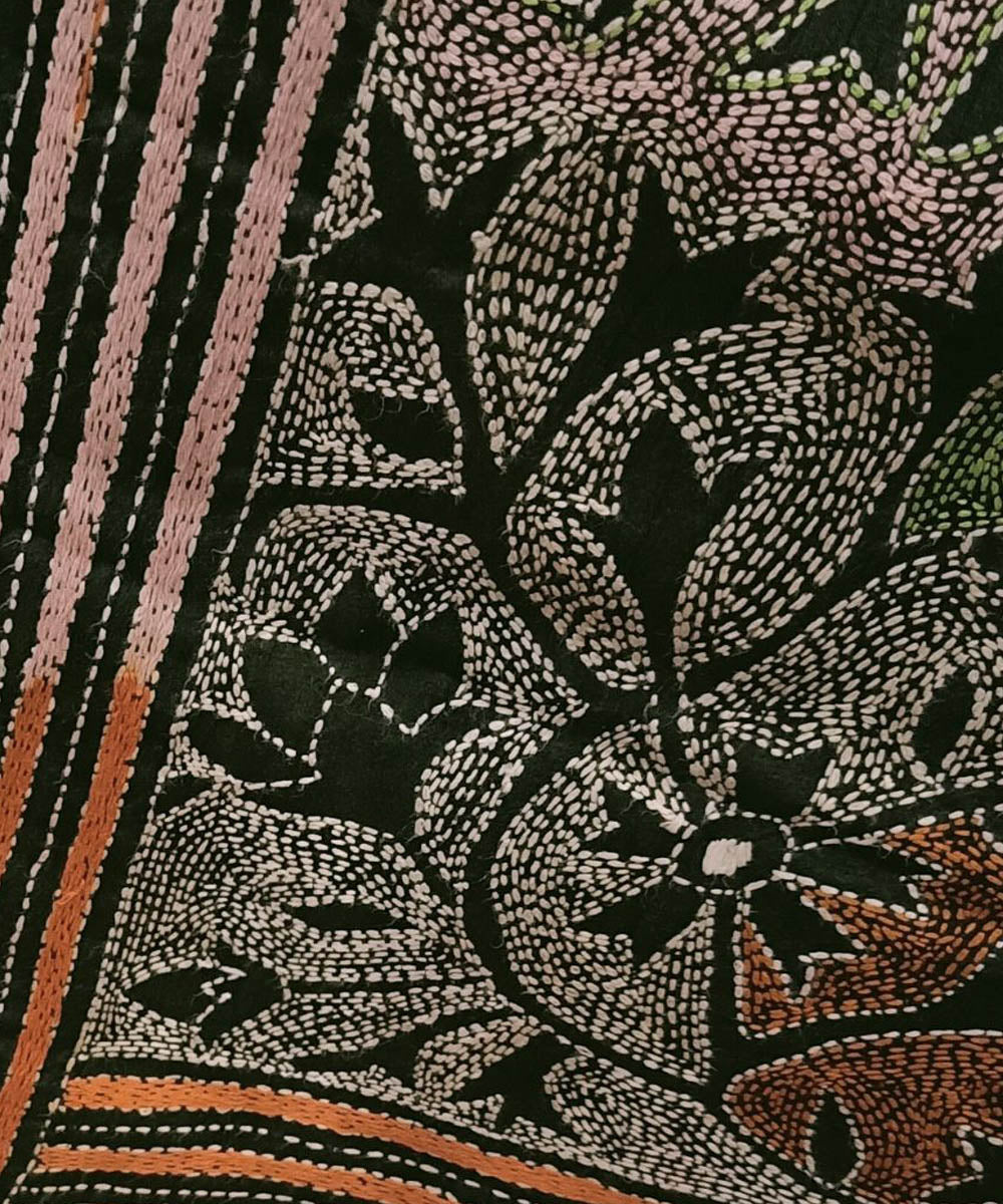 Black hand embroidered silk kantha stitch stole