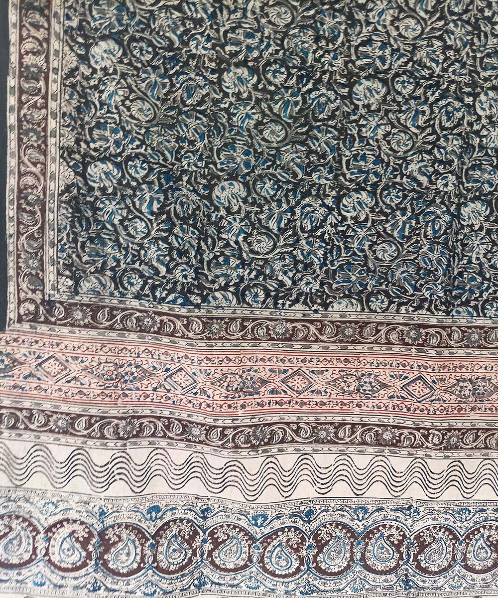 Offwhite black kalamkari hand print cotton saree