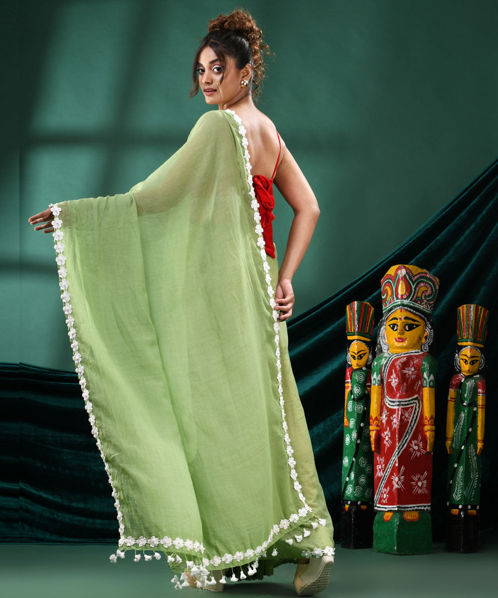 Light green white handloom cotton bengal saree