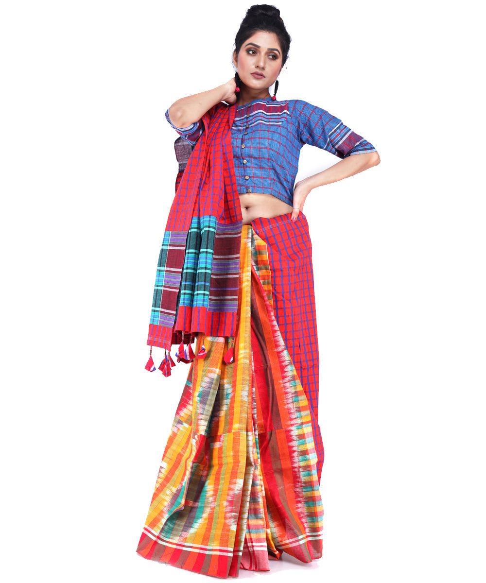 Multicolor red cyan blue cotton handloom gamcha saree