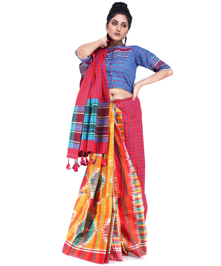 Multicolor red cyan blue cotton handloom gamcha saree