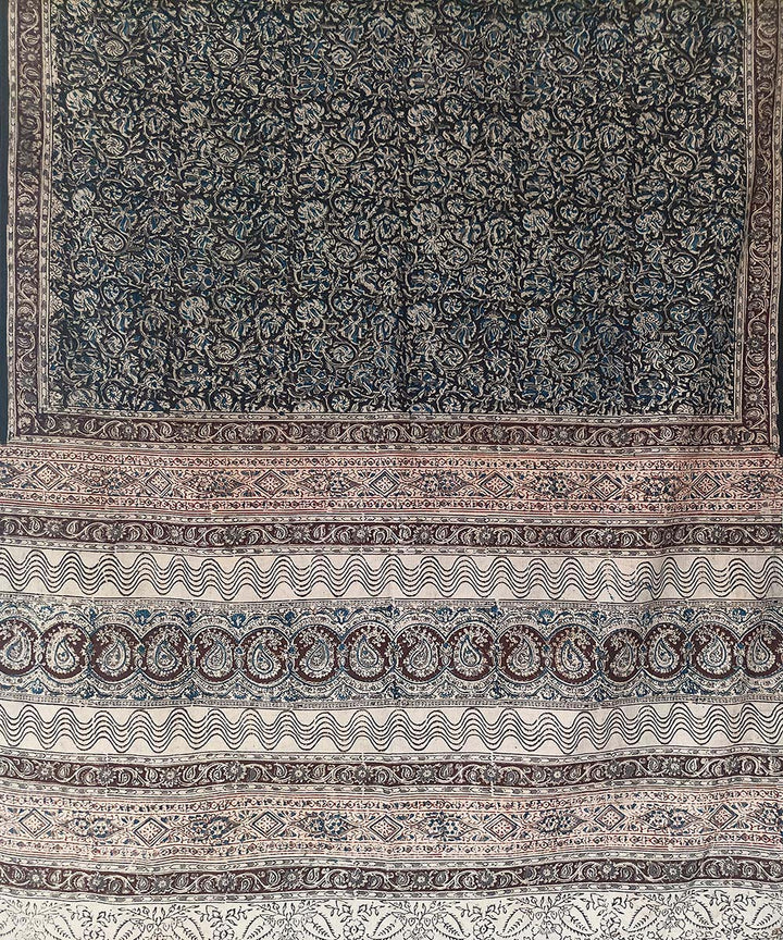 Offwhite black kalamkari hand print cotton saree
