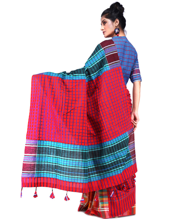 Multicolor red cyan blue cotton handloom gamcha saree