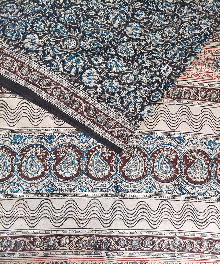 Offwhite black kalamkari hand print cotton saree