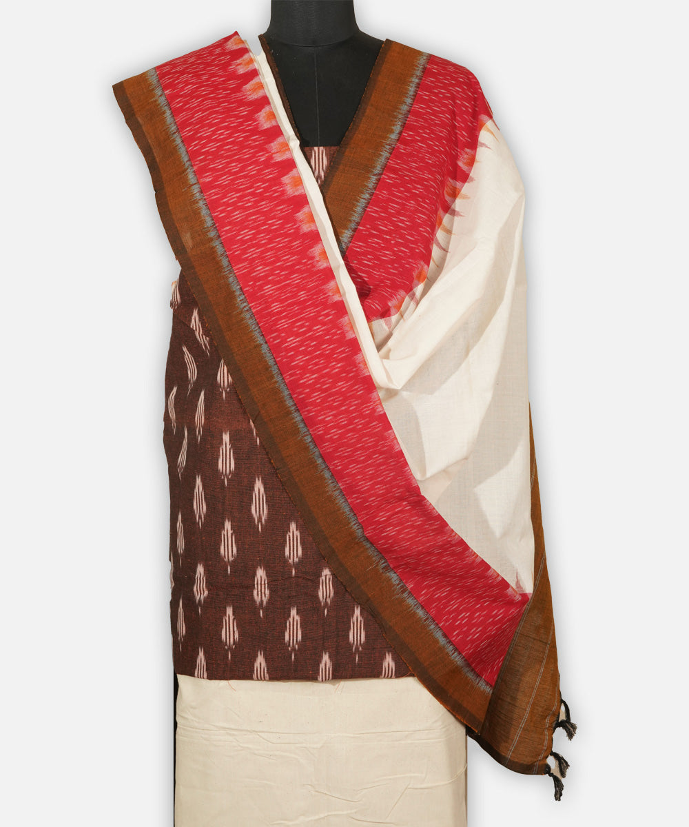 3pc Brown white handwoven cotton pochampally ikat dress material