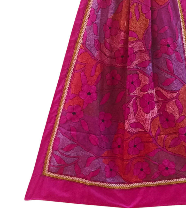 Magenta multicolor thread handwoven kantha stitch silk stole
