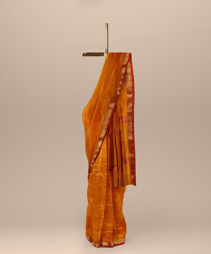 Fire yellow red handloom maheshwari cotton silk saree