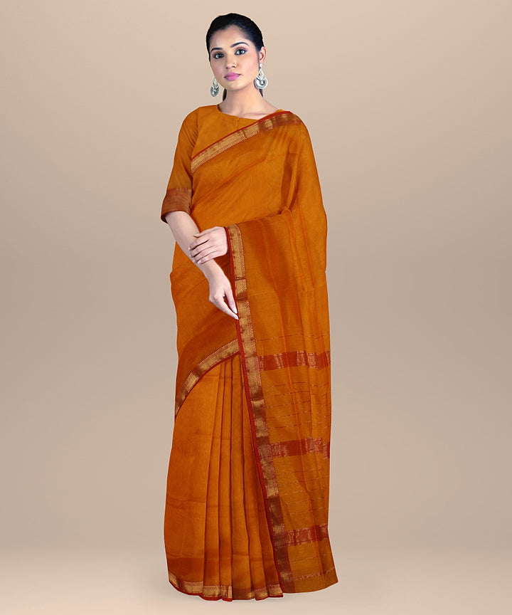 Fire yellow red handloom maheshwari cotton silk saree