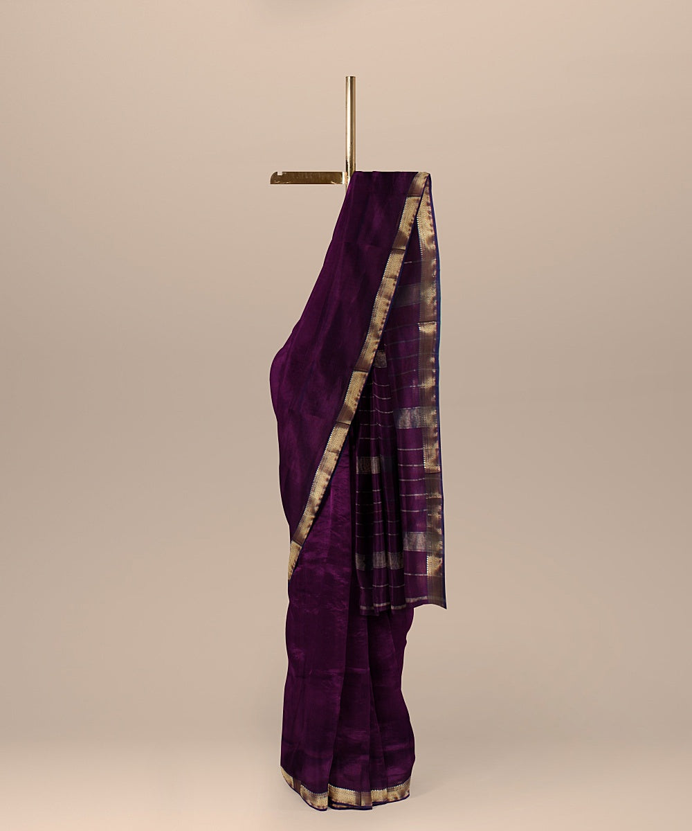 Violet navy blue maheshwari handloom cotton silk saree