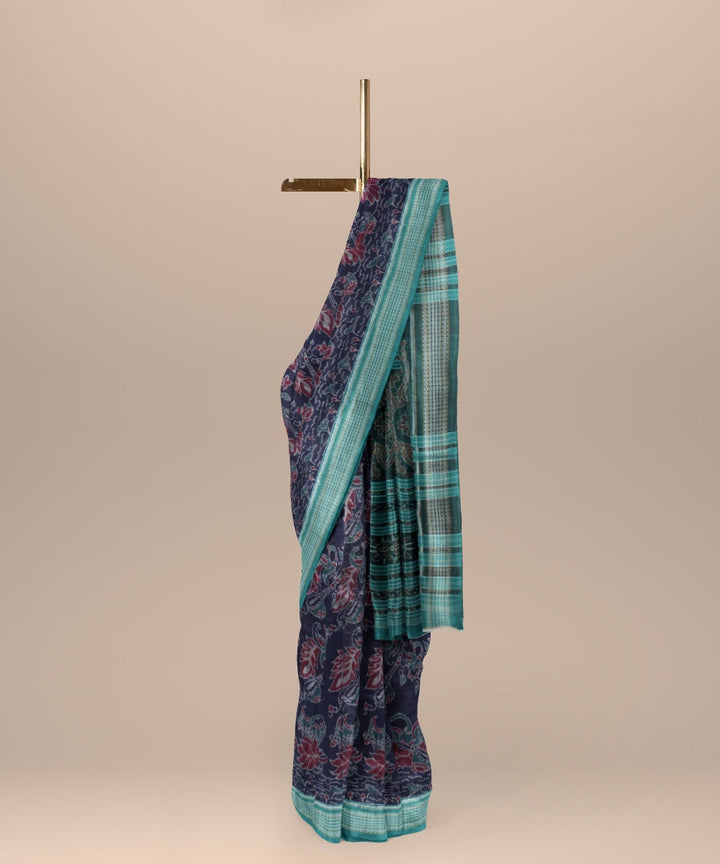 Navy blue green cotton handloom sambalpuri saree