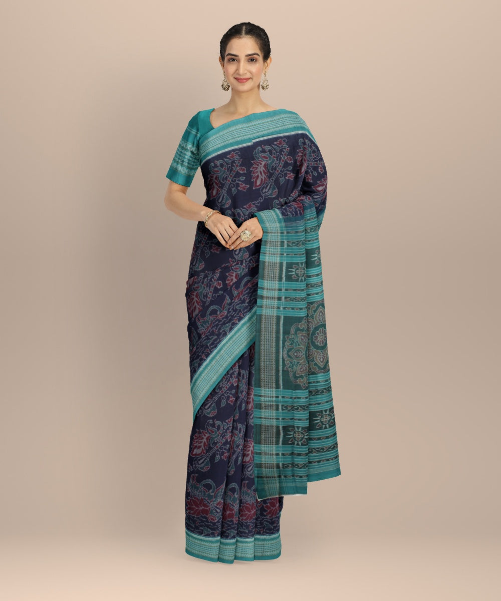 Navy blue green cotton handloom sambalpuri saree
