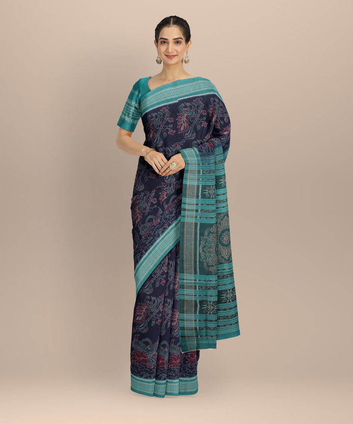 Navy blue green cotton handloom sambalpuri saree