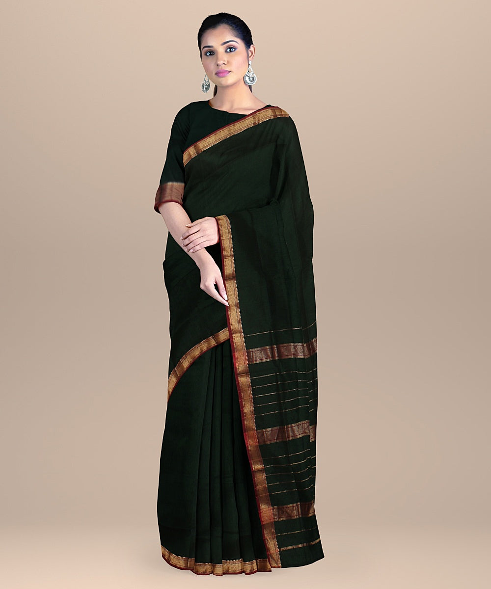 Dark green red handloom maheshwari cotton silk saree