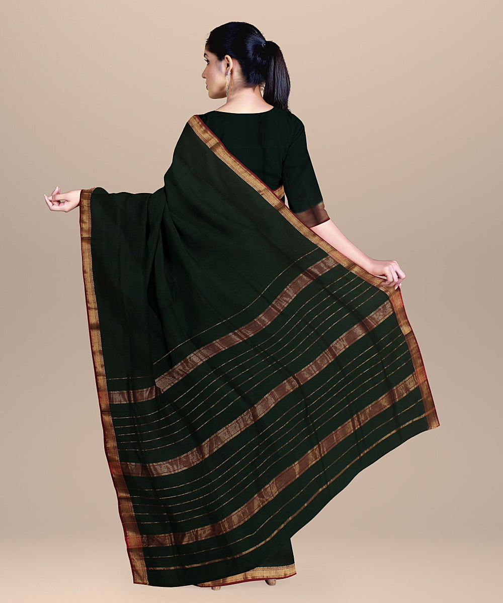 Dark green red handloom maheshwari cotton silk saree