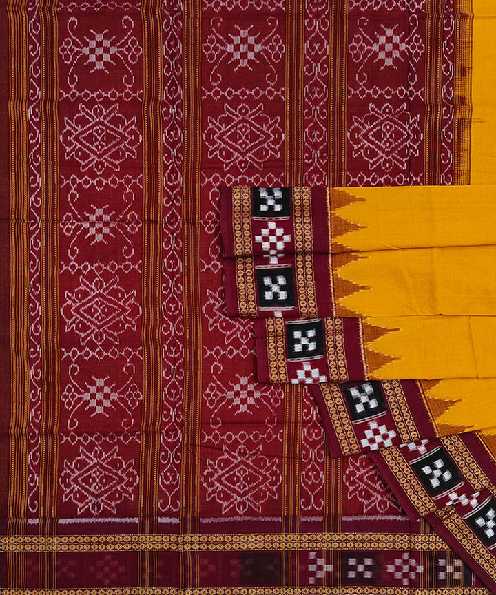 Yellow maroon cotton handwoven sambalpuri saree