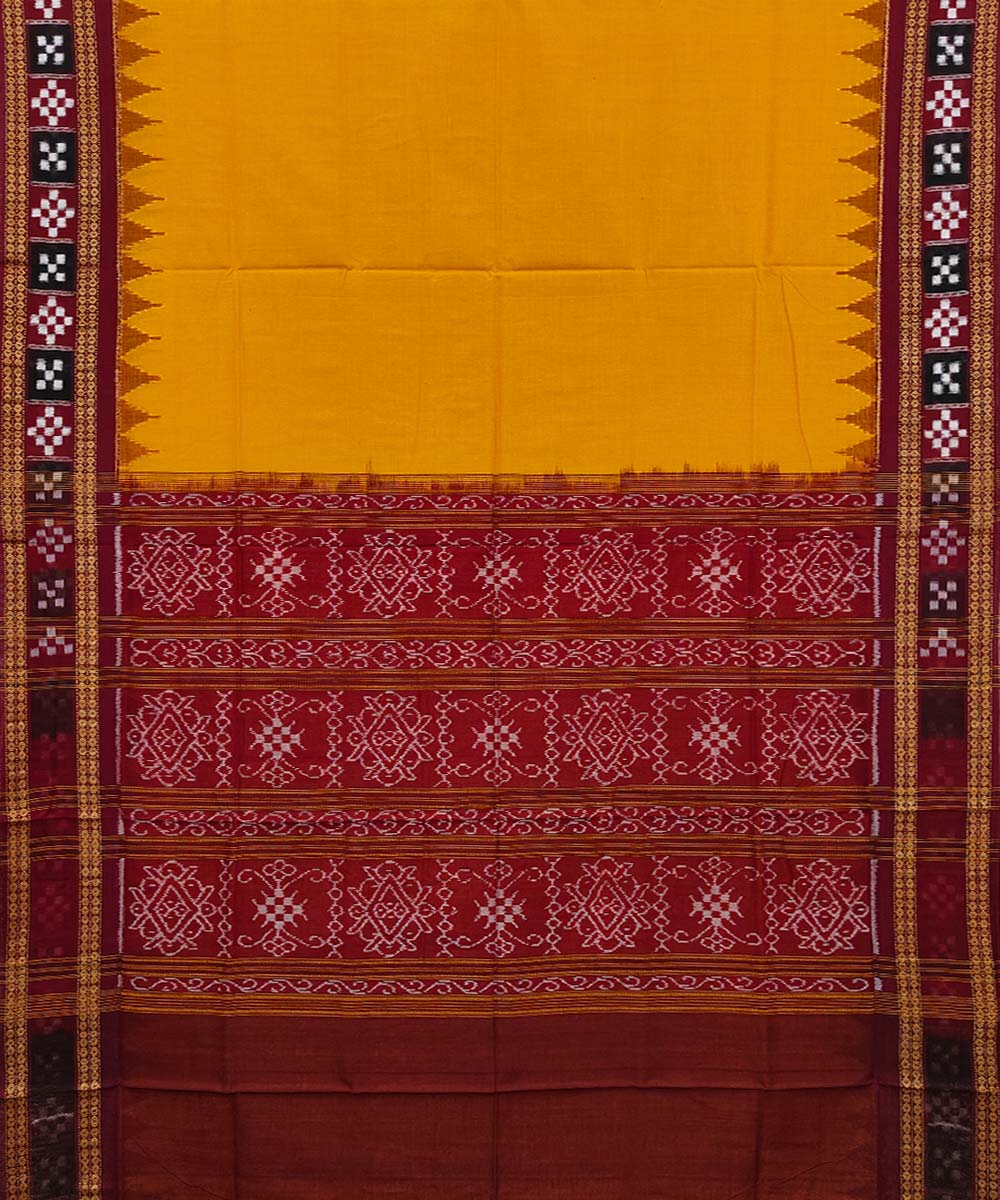 Yellow maroon cotton handwoven sambalpuri saree