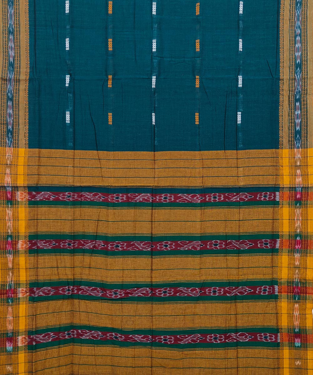 Dark green mustard cotton handwoven nuapatna saree