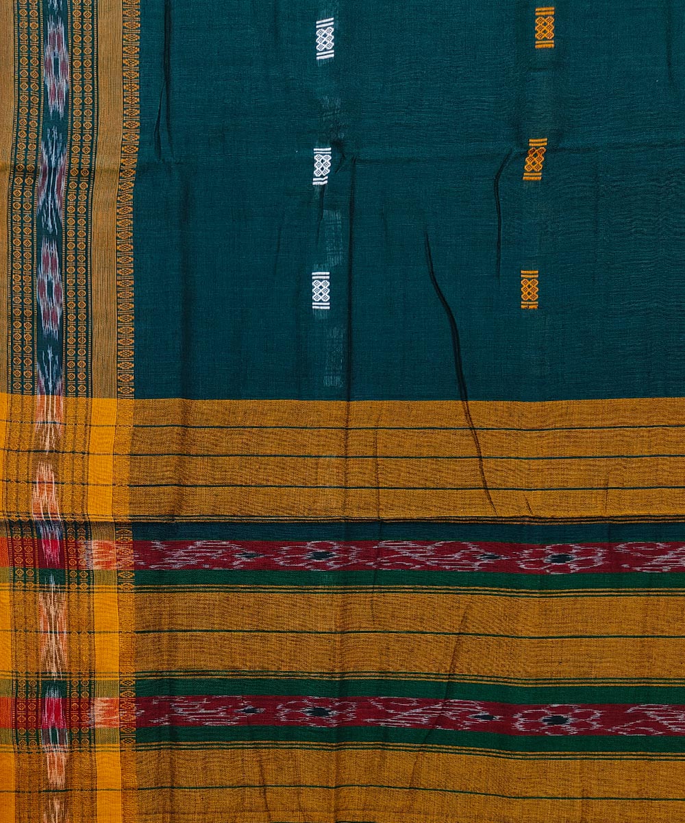 Dark green mustard cotton handwoven nuapatna saree