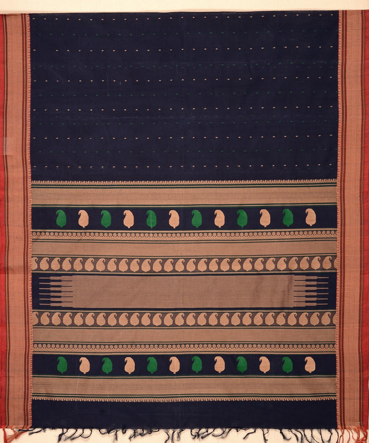 Navy blue beige butta cotton handloom kanchi saree