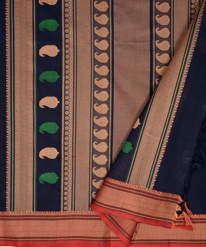 Navy blue beige butta cotton handloom kanchi saree