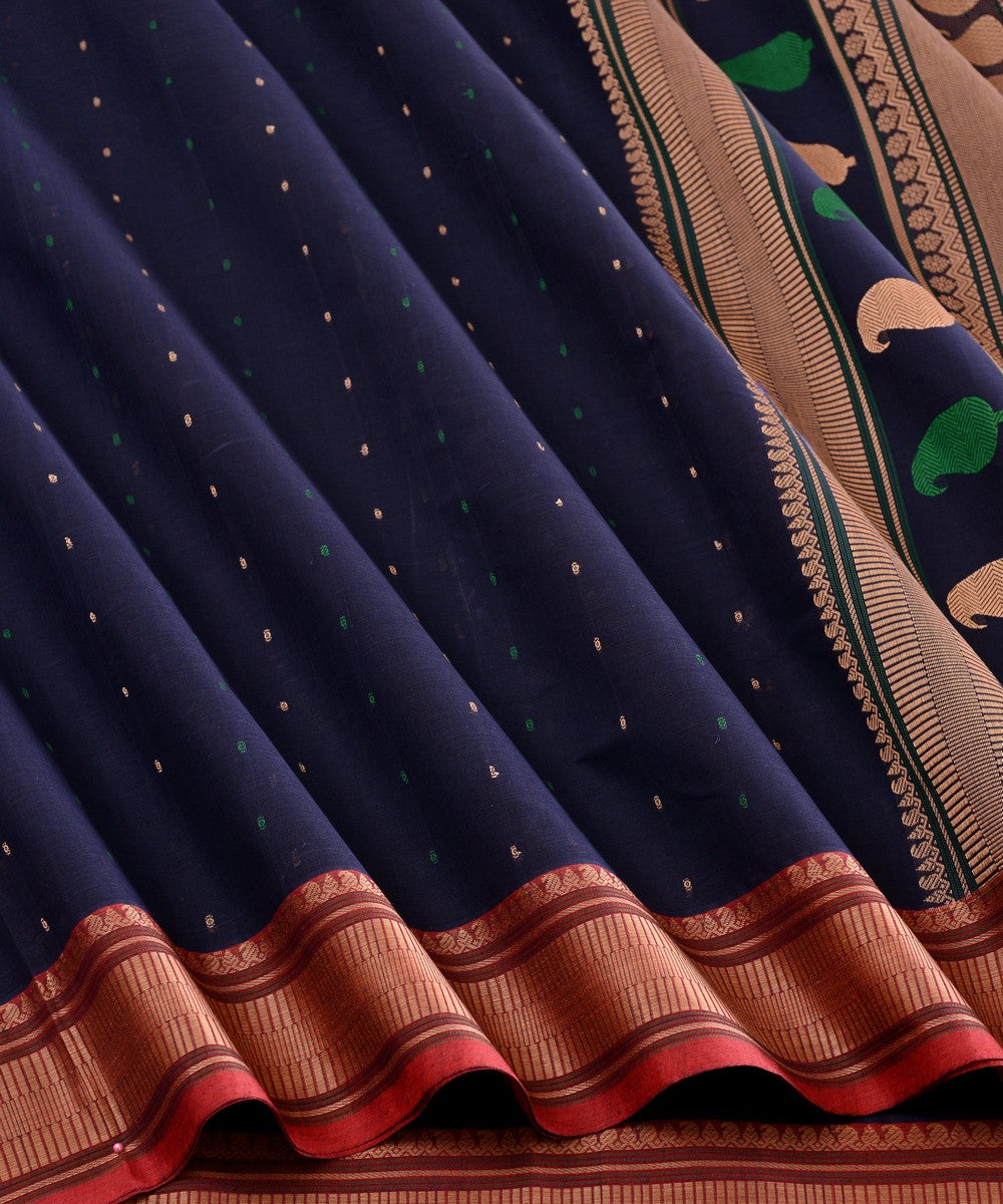 Navy blue beige butta cotton handloom kanchi saree