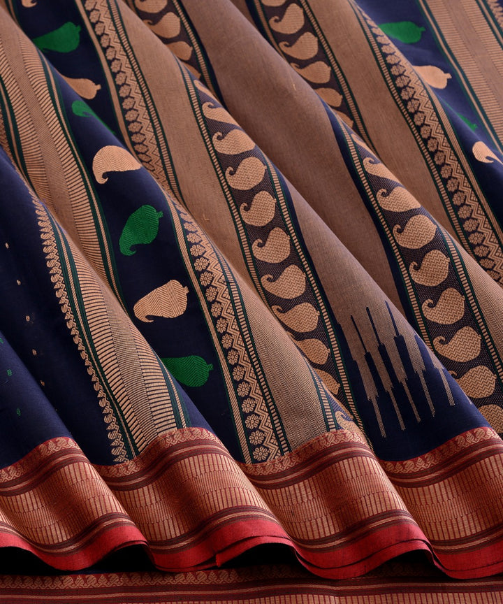 Navy blue beige butta cotton handloom kanchi saree