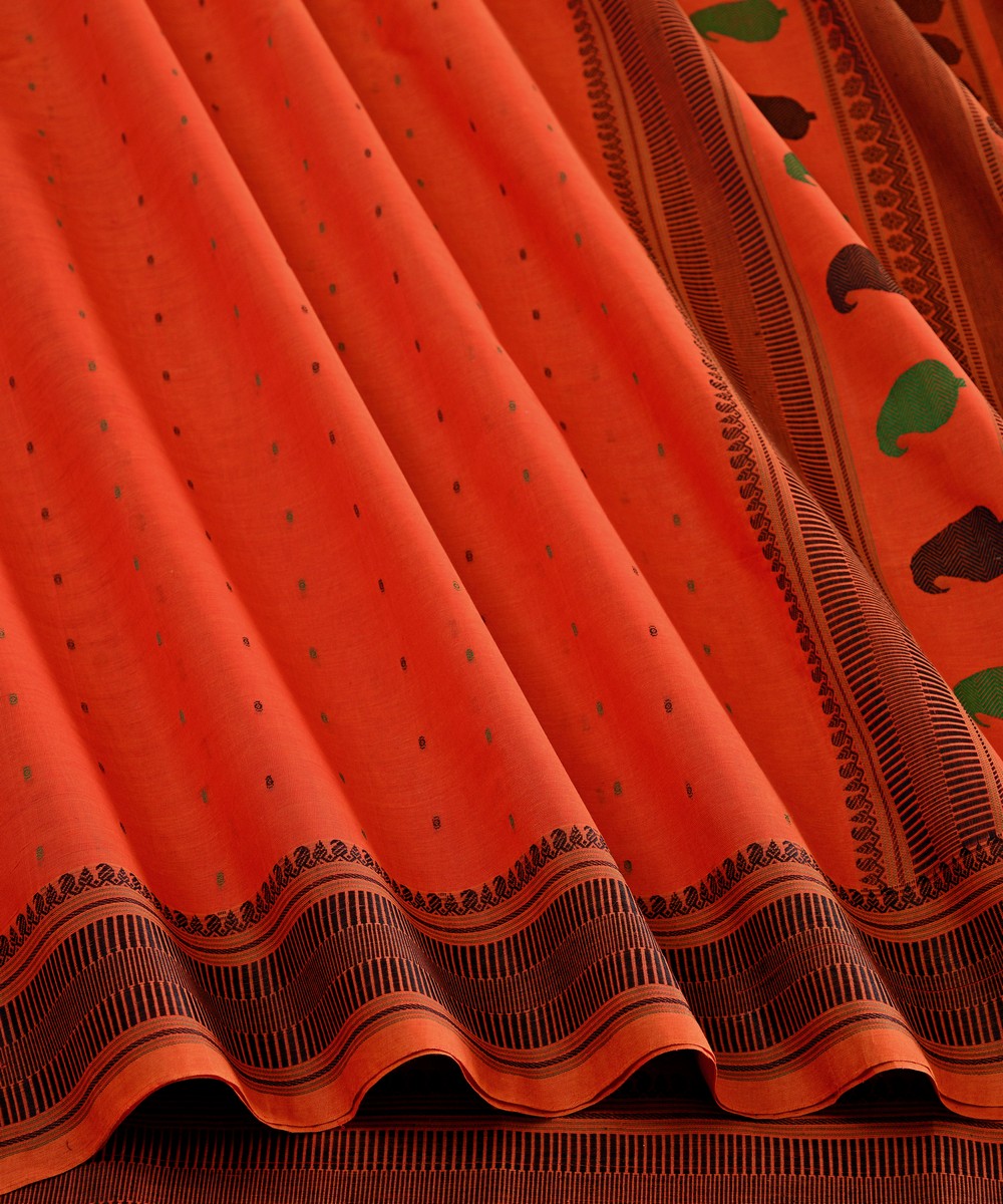 Orange black butta cotton handloom kanchi saree