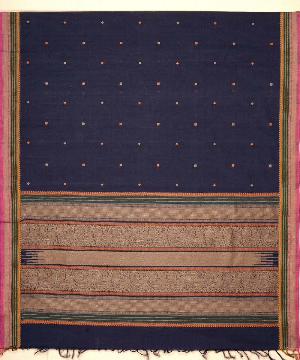 Navy blue butta cotton handloom kanchi saree