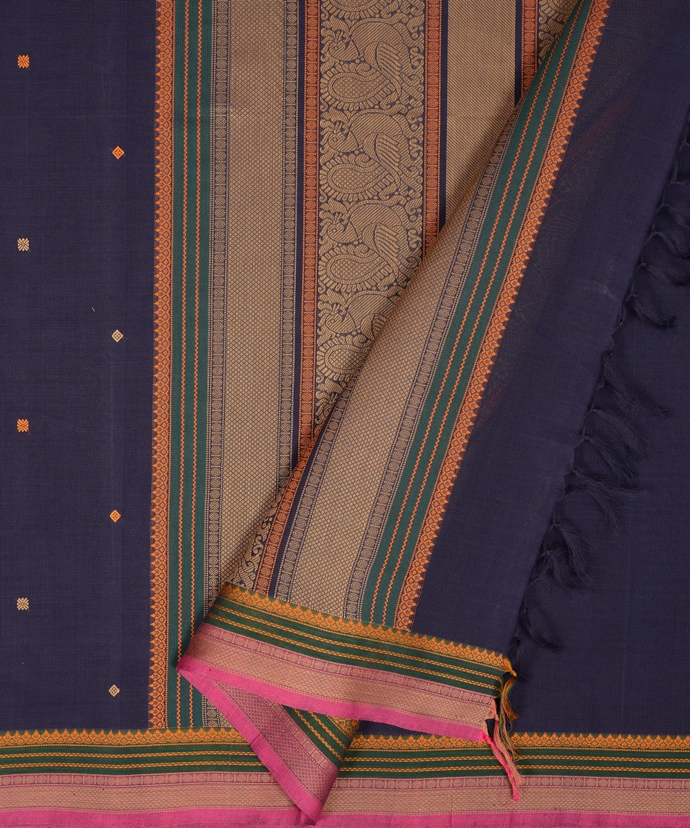Navy blue butta cotton handloom kanchi saree