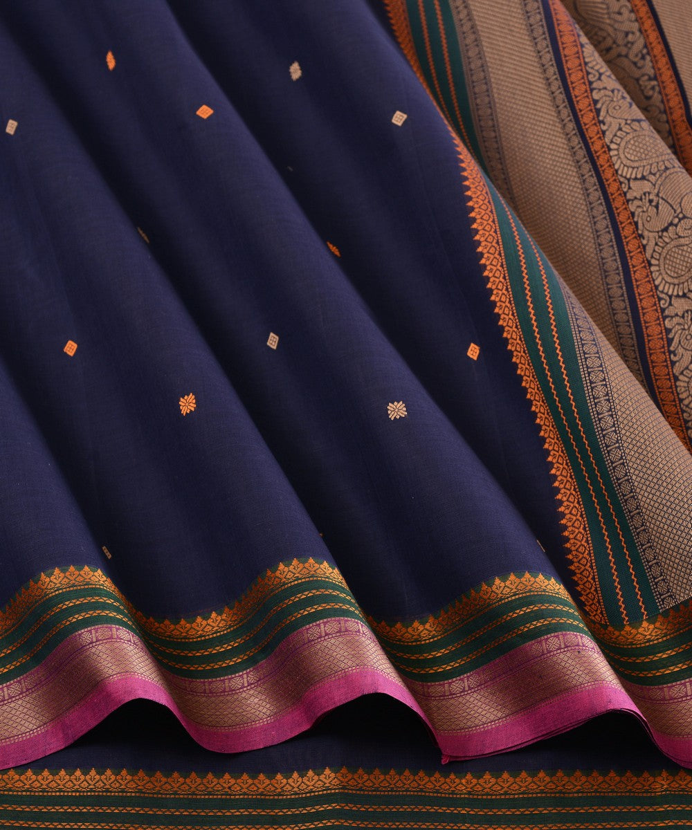 Navy blue butta cotton handloom kanchi saree